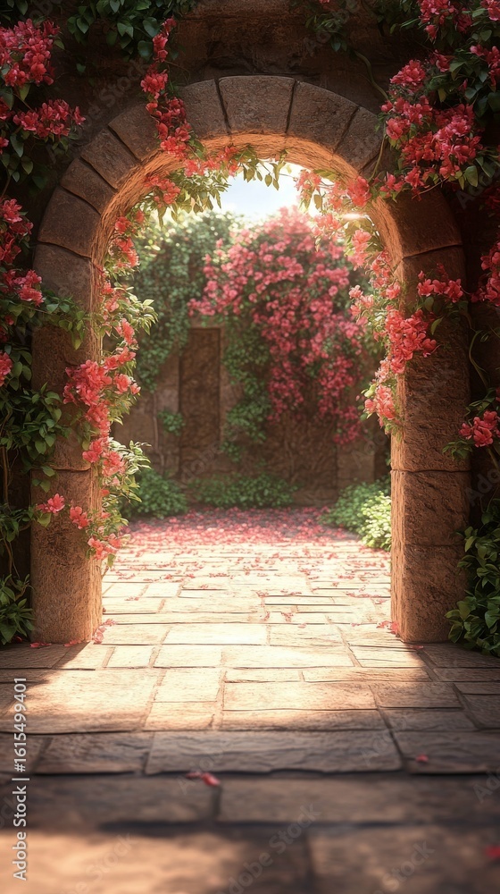 Fototapeta premium Stone Archway with Flowers Leading to a Lush Garden