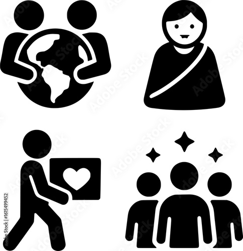Charity and social issues icons set, world care, donation and compassion, community support, kindness and humanity, people helping, volunteering, empathy and welfare black and white symbols