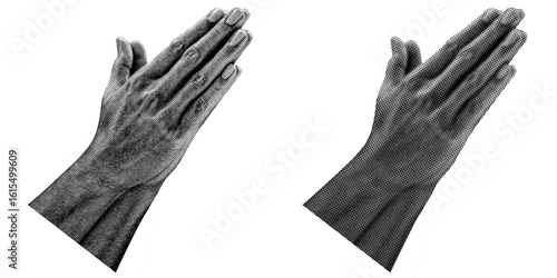 2 style Halftone hands collection. Halftone hands show the Praying gesture . Stylish halftone collage design elements. Hand gestures in pop art style. Transparent background