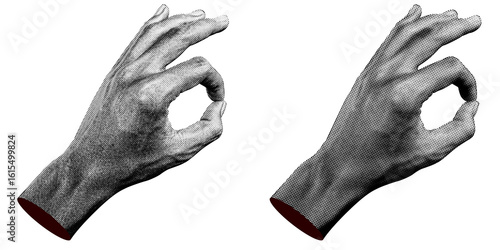 2 style Halftone hands collection. Halftone hands show the OK gesture . Stylish halftone collage design elements. Hand gestures in pop art style. Transparent background