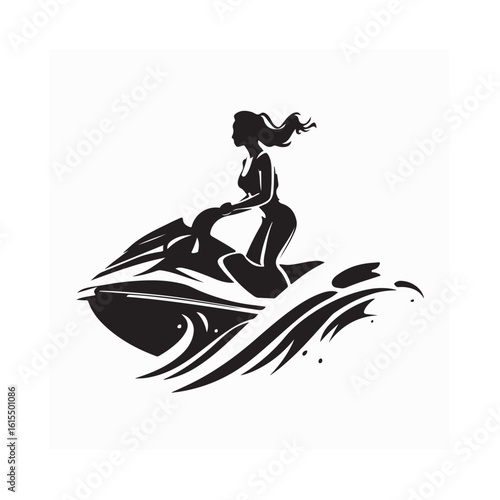 Black and White Vector of Woman Riding Jet Ski on Water in Dynamic Sport Pose