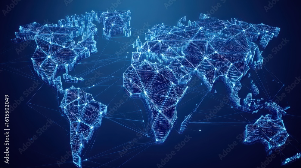 Fototapeta premium Digital world map with interconnected glowing blue nodes and lines representing global data networks and connectivity.