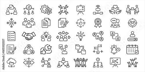 Hand-drawn business icon set illustrating teamwork and organization