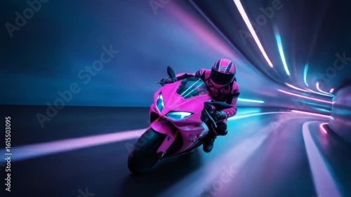 Neon Rider: Futuristic Motorcycle Racing Through Vibrant Tunnel
