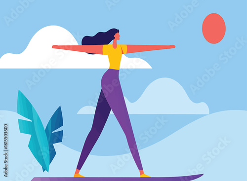 Vector illustration of a woman in yoga tree pose on a tranquil beach at sunrise