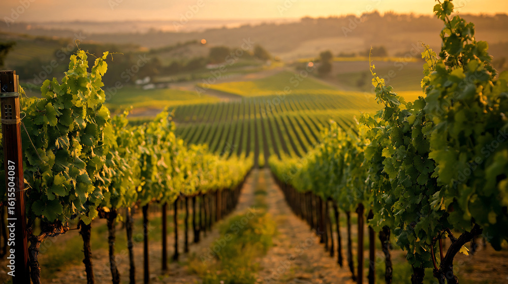 Naklejka premium Breathtaking vineyard at sunset with golden sunlight bathing the lush grapevines and rolling hills