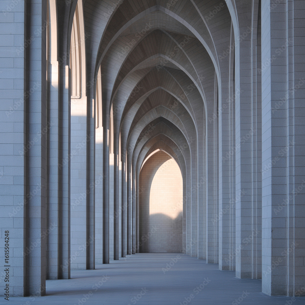 Obraz premium Architectural Arches and Columns in Minimalist Design with Light and Shadow Creating a Sense of Depth