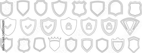 protect shield icon set.Military, Ornate, Armour, Emblem, Protection, Security, Guard.Shield badge quality symbol isolated on transparent background. Design elements for safety and protection.
