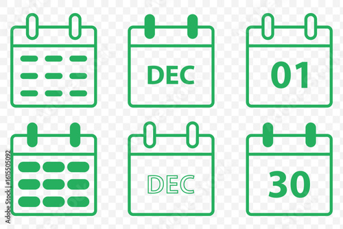Month and Date Calendar Icons with Task Indicators – EPS File in Green color. Stylized Calendar UI Icons – Vector Pack for Planner and Reminder Apps on Transparent Background EPS 10.