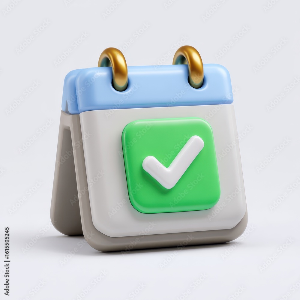 3 D cartoon calendar with green checkmark and gold rings icon 3 D cartoon calendar with green checkmark and gold rings icon