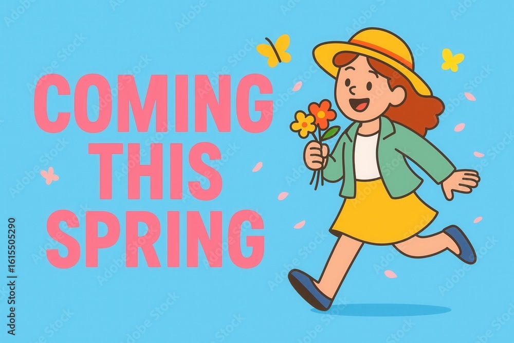 Obraz premium A cheerful cartoon woman in a spring outfit joyfully holding flowers, accompanied by butterflies, with the text 