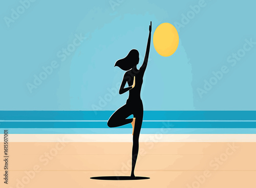 Vector illustration of a woman in yoga tree pose on the beach at sunrise.