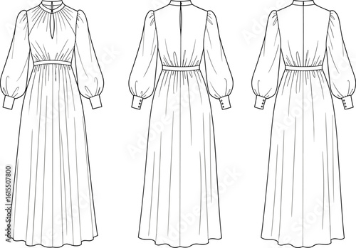Elegant long-sleeve maxi dress, pleated design, high neckline, buttoned cuffs, formal wear, fashion sketch, apparel