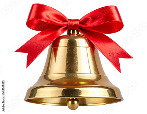  Classic Gold Christmas Bell with Red Ribbon Bow, Front View, Isolated on Transparent Background