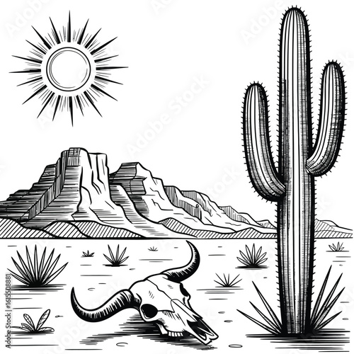 Desert Landscape Vector Illustration Featuring Cactus and Skull, Hand Drawn Arizona Scenery in Rustic Style for Posters, Prints, Nature Art, and Graphic Design

