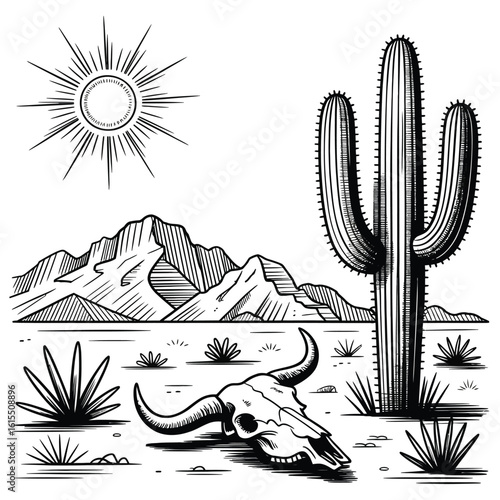 Desert Landscape Vector Illustration Featuring Cactus and Skull, Hand Drawn Arizona Scenery in Rustic Style for Posters, Prints, Nature Art, and Graphic Design

