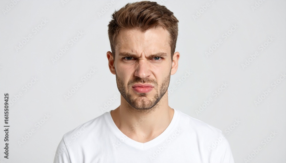 Fototapeta premium A close-up portrait of a man displaying a disgusted expression.