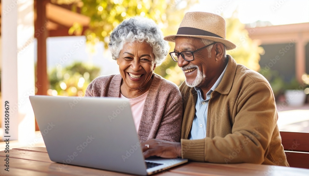 Obraz premium Cybersecurity for seniors concept. Happy elderly couple enjoying time together on a laptop.