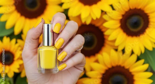 Fototapeta samoprzylepna Vibrant Yellow Nail Polish with Sunflower Background