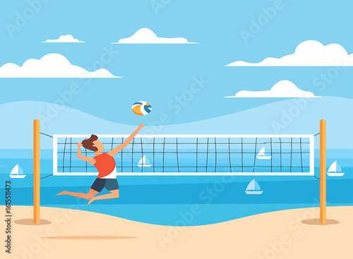 Dynamic Beach Volleyball Action Illustration Athlete Spiking Ball on Sunny Seaside Court, Summer Sport Vector Graphic