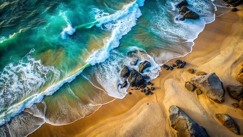 An aerial view captures the turquoise ocean waves crashing onto a sandy beach with scattered rocks