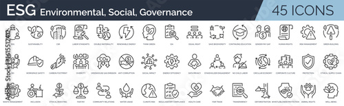 Set of 45 outline icons related to ESG. Linear icon collection. Editable stroke. Vector illustration