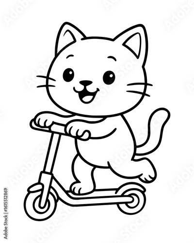 Vector Line Art of Cute Cat Riding a Scooter – Printable Coloring Page for Kids