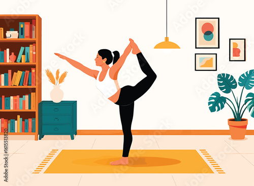 Young woman doing Natarajasana dancer pose yoga at home in a cozy room vector illustration