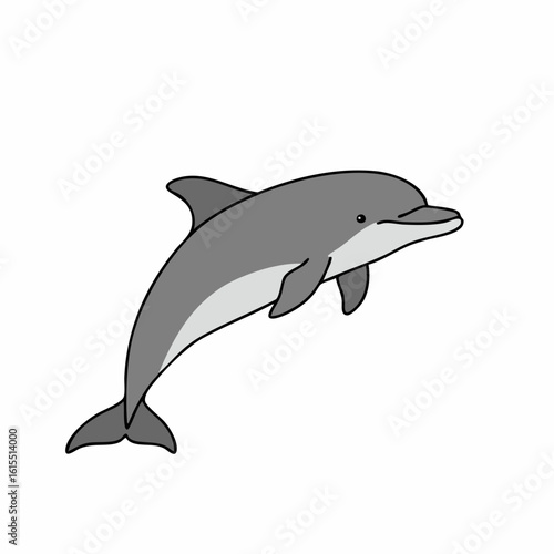 Cartoon-style gray dolphin with black outline, swimming upwards