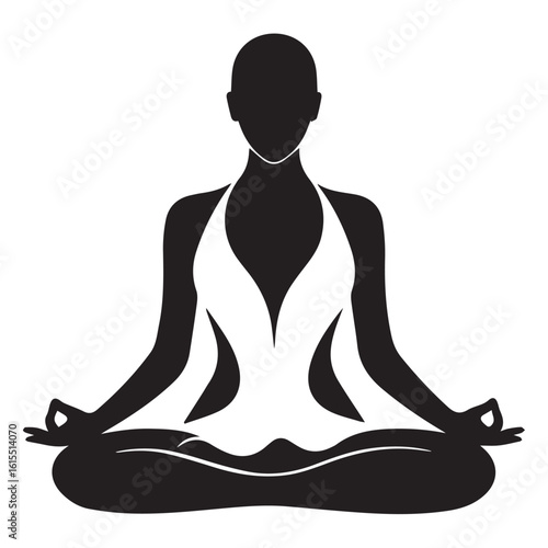 Vector art of a black silhouette of a woman meditating in a lotus pose with hands in a mudra gesture