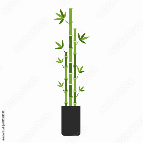 Stylized Bamboo Stalks in a Dark Rectangular Pot with Green Leaves