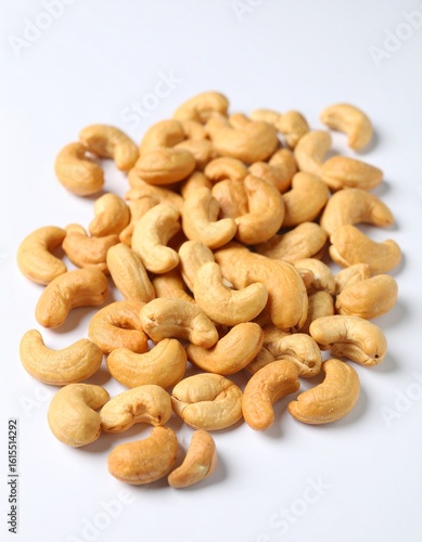 Close-up of cashews, showcasing their unique shape and inviting color ideal for themes of healthy snacks, vegan recipes, or wholesome ingredients. A collection of cashews, ready to be enjoyed
