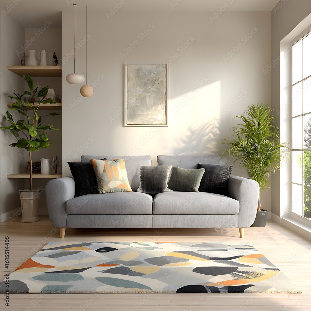 Fototapeta premium Modern living room with grey sofa and colorful rug isolated on white background