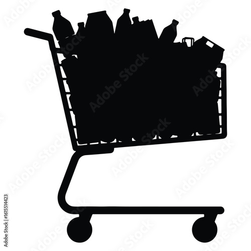 Shopping cart silhouette filled with groceries representing consumerism and abundance on white background