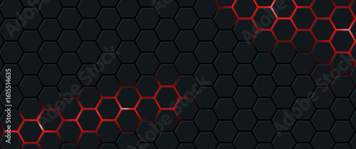 Abstract Futuristic background with hexagons . dark sci-fi hi-tech wallpaper with red lights .