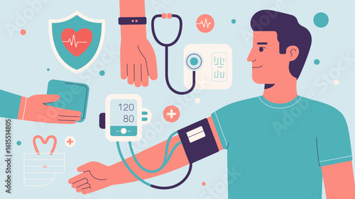Flat Medical Illustration – Blood Pressure Monitoring & Heart Health Check Concept.