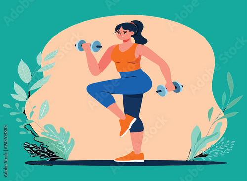 Active woman exercising with dumbbells. Fitness and healthy lifestyle vector illustration.