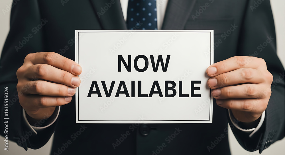 Obraz premium Man in Suit Holding Now Available Sign image