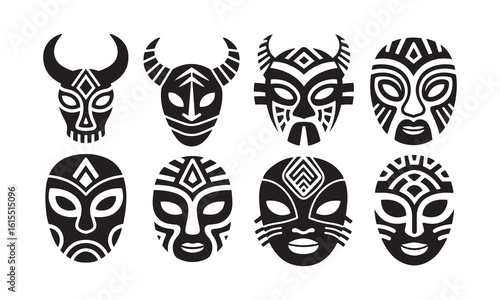  Set of African Tribal Masks Silhouettes Ethnic Cultural Icons