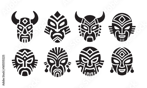  Set of African Tribal Masks Silhouettes Ethnic Cultural Icons
