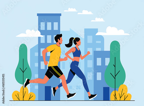 Active couple running together in an urban park, a flat design vector illustration.
