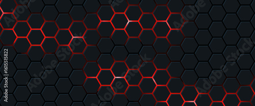 Abstract Futuristic background with hexagons . dark sci-fi hi-tech wallpaper with red lights .