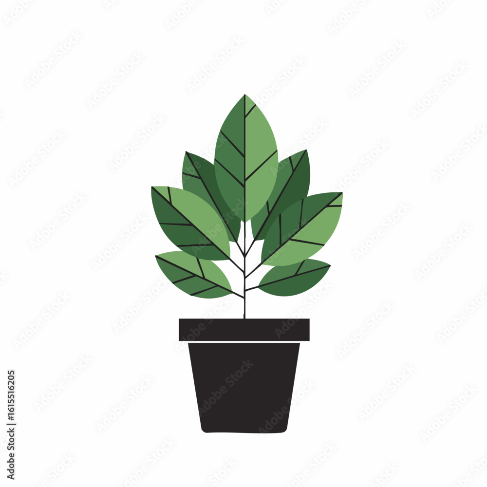 Obraz premium Stylized Potted Plant with Green Leaves and Black Pot, Flat Design