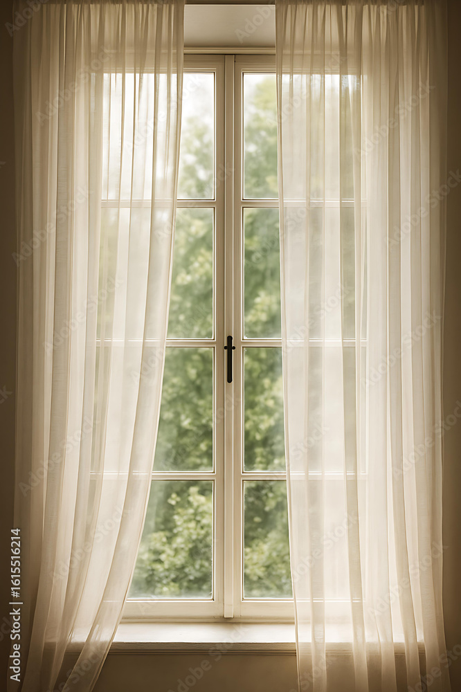 Fototapeta premium Elegant sheer curtains hanging by a window – soft translucent fabric for light and privacy