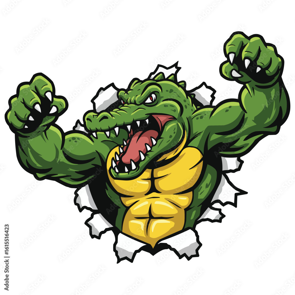 Obraz premium Muscular Alligator Mascot Bursting Through, Aggressive and Strong