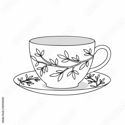 Elegant teacup and saucer with delicate leaf pattern, outlined in black