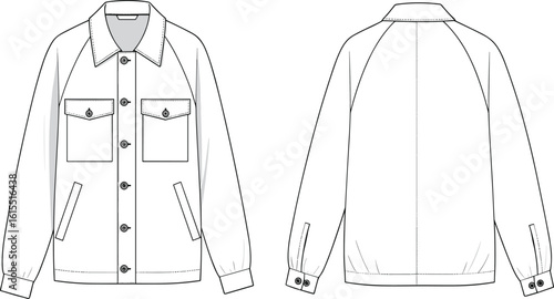 Stylish jacket CAD drawing, flat vector illustration for fashion design, outerwear template, technical garment sketch, apparel design concept