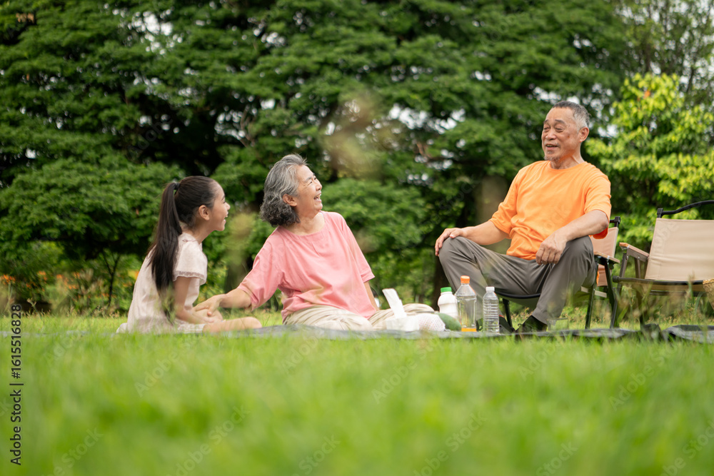 Happy Asian grandparents enjoying a picnic with their granddaughter in a green park Happy Asian grandparents enjoying a picnic with their granddaughter in a green park