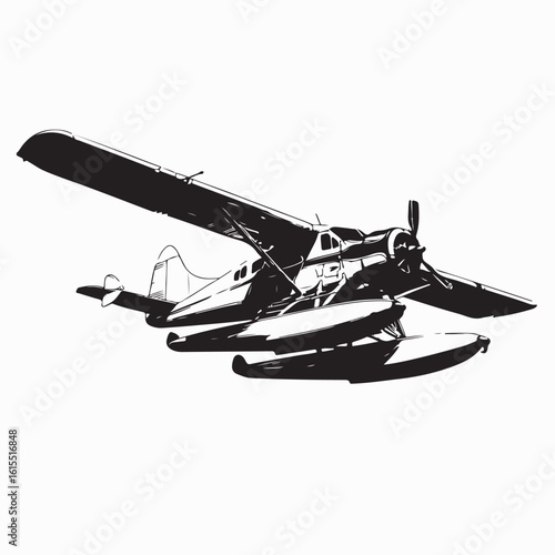 Black and White Vector Illustration of Sea Plane Flying Over Ocean Waves in Vintage Style