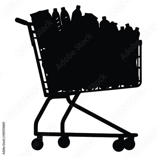 Silhouette of a grocery shopping cart overloaded with groceries ready for checkout